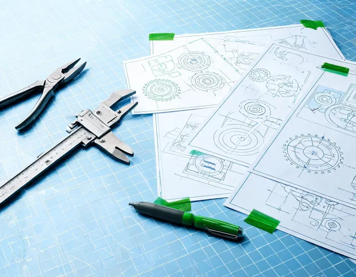 Blueprint style hand tool specification desk